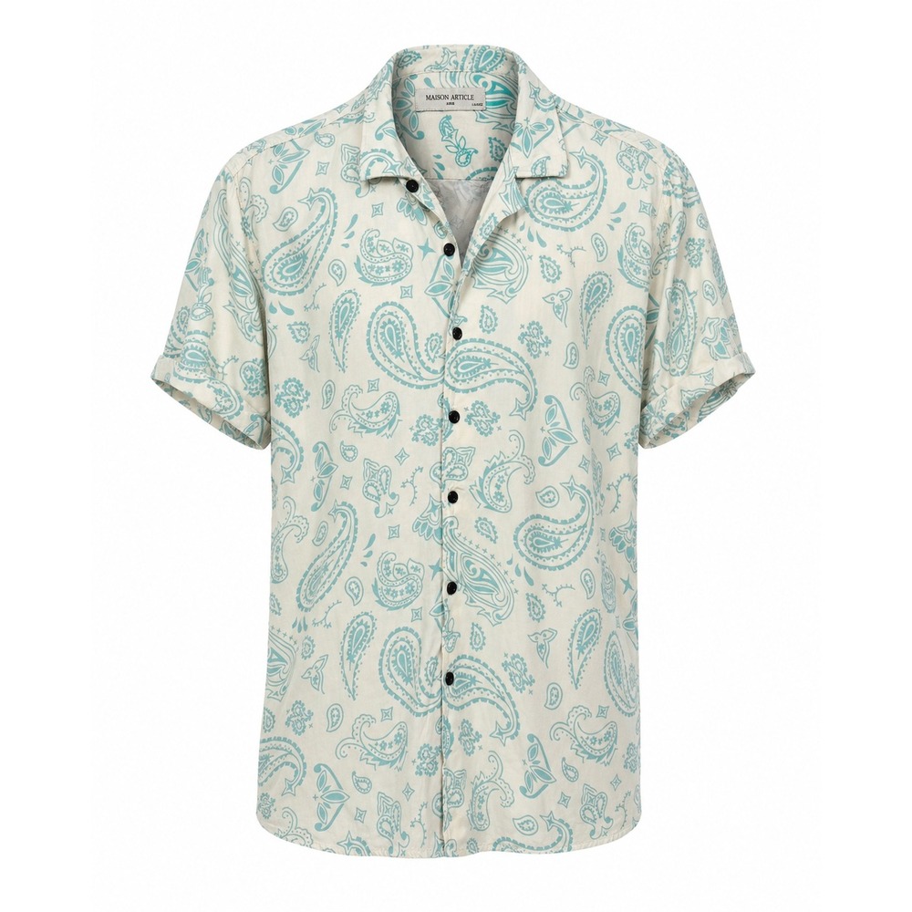 Maison Article Mens Paisley‎ Short Sleeve Button Down Shirt Teal Cream Large